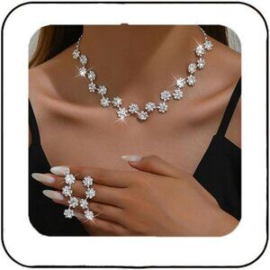 Silver Rhinestone Bridal Wedding Jewelry Set Crystal Necklace Earrings